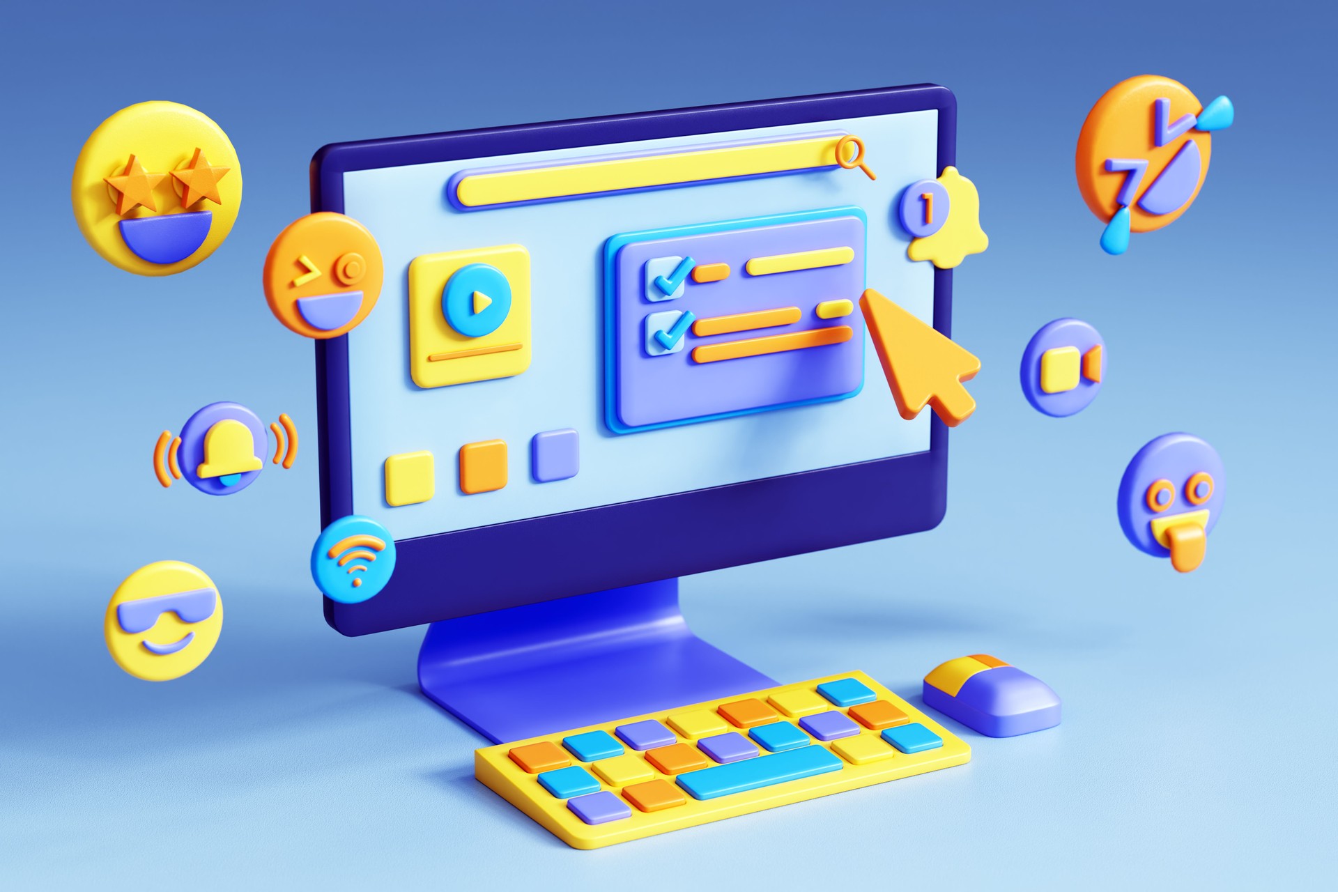 PC with 3D Icons. Social Network and Online Communication Concept.